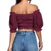 imageLYANER Womens Off Shoulder Ruffle Trim Ruched Short Sleeve Blouse Crop TopSolid Burgundy