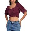 imageLYANER Womens Off Shoulder Ruffle Trim Ruched Short Sleeve Blouse Crop TopSolid Burgundy
