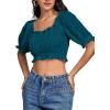 imageLYANER Womens Off Shoulder Ruffle Trim Ruched Short Sleeve Blouse Crop TopTeal Blue
