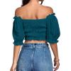 imageLYANER Womens Off Shoulder Ruffle Trim Ruched Short Sleeve Blouse Crop TopTeal Blue