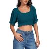 imageLYANER Womens Off Shoulder Ruffle Trim Ruched Short Sleeve Blouse Crop TopTeal Blue
