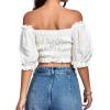 imageLYANER Womens Off Shoulder Ruffle Trim Ruched Short Sleeve Blouse Crop TopWhite