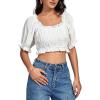 imageLYANER Womens Off Shoulder Ruffle Trim Ruched Short Sleeve Blouse Crop TopWhite