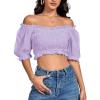imageLYANER Womens Off Shoulder Ruffle Trim Ruched Short Sleeve Blouse Crop TopLight Purple