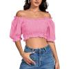 imageLYANER Womens Off Shoulder Ruffle Trim Ruched Short Sleeve Blouse Crop TopPink