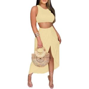 imageLYANER Womens 2 Piece Outfits Sleeveless Tank Crop Top and Wrap Split Slit Ruched Bodycon Midi SkirtBeige