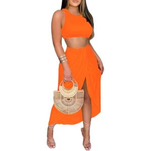 imageLYANER Womens 2 Piece Outfits Sleeveless Tank Crop Top and Wrap Split Slit Ruched Bodycon Midi SkirtBright Orange