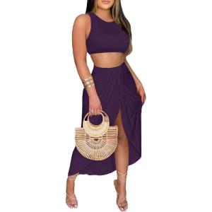 imageLYANER Womens 2 Piece Outfits Sleeveless Tank Crop Top and Wrap Split Slit Ruched Bodycon Midi SkirtDark Purple