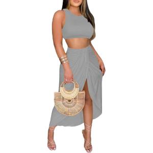 imageLYANER Womens 2 Piece Outfits Sleeveless Tank Crop Top and Wrap Split Slit Ruched Bodycon Midi SkirtGray