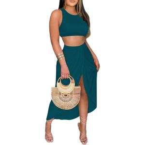 imageLYANER Womens 2 Piece Outfits Sleeveless Tank Crop Top and Wrap Split Slit Ruched Bodycon Midi SkirtLake Blue