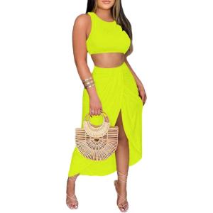imageLYANER Womens 2 Piece Outfits Sleeveless Tank Crop Top and Wrap Split Slit Ruched Bodycon Midi SkirtNeon Yellow