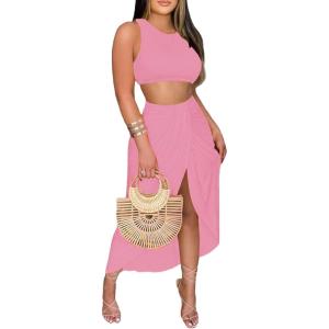 imageLYANER Womens 2 Piece Outfits Sleeveless Tank Crop Top and Wrap Split Slit Ruched Bodycon Midi SkirtPink
