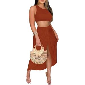 imageLYANER Womens 2 Piece Outfits Sleeveless Tank Crop Top and Wrap Split Slit Ruched Bodycon Midi SkirtRust Red