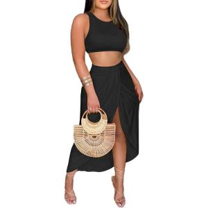 imageLYANER Womens 2 Piece Outfits Sleeveless Tank Crop Top and Wrap Split Slit Ruched Bodycon Midi SkirtSoild Black