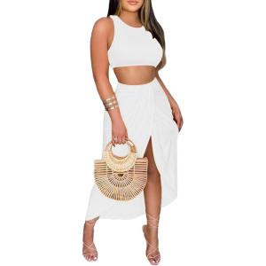 imageLYANER Womens 2 Piece Outfits Sleeveless Tank Crop Top and Wrap Split Slit Ruched Bodycon Midi SkirtSoild White