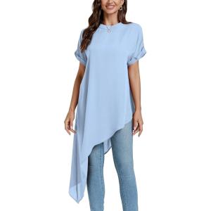 imageLYANER Womens Casual Mock Neck Short Sleeve Irregular Hem Loose Blouse Long Shirt TopAzure