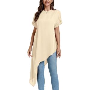 imageLYANER Womens Casual Mock Neck Short Sleeve Irregular Hem Loose Blouse Long Shirt TopBeige