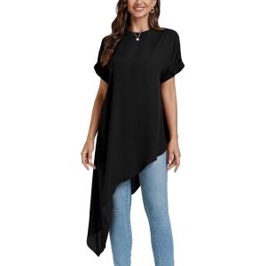 imageLYANER Womens Casual Mock Neck Short Sleeve Irregular Hem Loose Blouse Long Shirt TopBlack