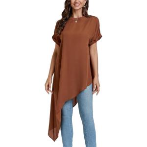 imageLYANER Womens Casual Mock Neck Short Sleeve Irregular Hem Loose Blouse Long Shirt TopBrown