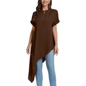 imageLYANER Womens Casual Mock Neck Short Sleeve Irregular Hem Loose Blouse Long Shirt TopDark Brown