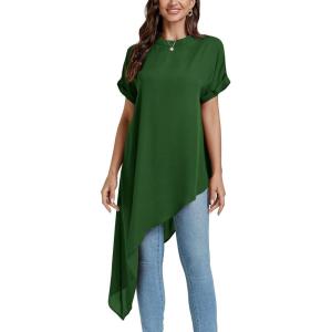 imageLYANER Womens Casual Mock Neck Short Sleeve Irregular Hem Loose Blouse Long Shirt TopDark Green