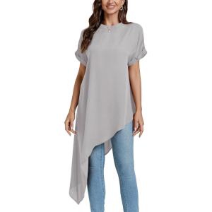 imageLYANER Womens Casual Mock Neck Short Sleeve Irregular Hem Loose Blouse Long Shirt TopGray