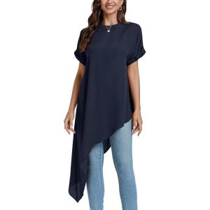 imageLYANER Womens Casual Mock Neck Short Sleeve Irregular Hem Loose Blouse Long Shirt TopNavy Blue