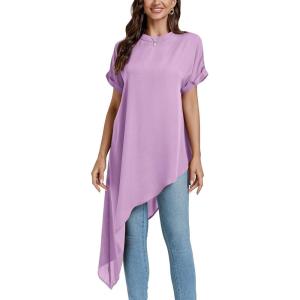 imageLYANER Womens Casual Mock Neck Short Sleeve Irregular Hem Loose Blouse Long Shirt TopPurple