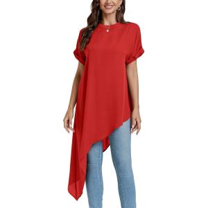 imageLYANER Womens Casual Mock Neck Short Sleeve Irregular Hem Loose Blouse Long Shirt TopRed
