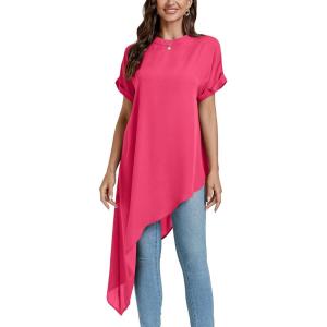 imageLYANER Womens Casual Mock Neck Short Sleeve Irregular Hem Loose Blouse Long Shirt TopRose
