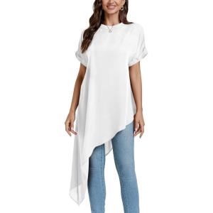 imageLYANER Womens Casual Mock Neck Short Sleeve Irregular Hem Loose Blouse Long Shirt TopWhite