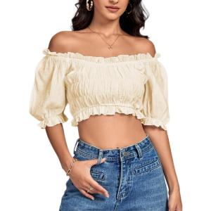 imageLYANER Womens Off Shoulder Ruffle Trim Ruched Short Sleeve Blouse Crop TopBeige