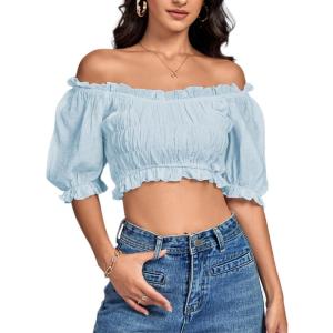 imageLYANER Womens Off Shoulder Ruffle Trim Ruched Short Sleeve Blouse Crop TopLight Blue