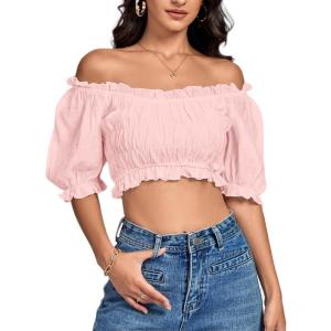 imageLYANER Womens Off Shoulder Ruffle Trim Ruched Short Sleeve Blouse Crop TopLight Pink