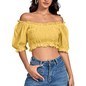 imageLYANER Womens Off Shoulder Ruffle Trim Ruched Short Sleeve Blouse Crop TopLight Yellow