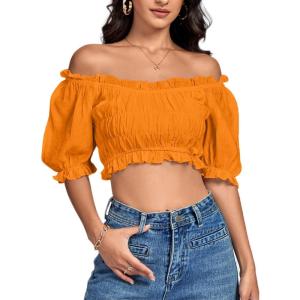 imageLYANER Womens Off Shoulder Ruffle Trim Ruched Short Sleeve Blouse Crop TopOrange