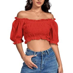 imageLYANER Womens Off Shoulder Ruffle Trim Ruched Short Sleeve Blouse Crop TopRed