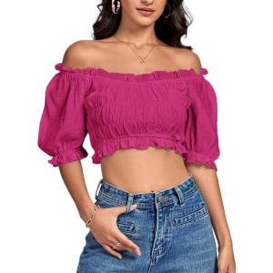 imageLYANER Womens Off Shoulder Ruffle Trim Ruched Short Sleeve Blouse Crop TopRose
