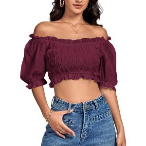 imageLYANER Womens Off Shoulder Ruffle Trim Ruched Short Sleeve Blouse Crop TopSolid Burgundy