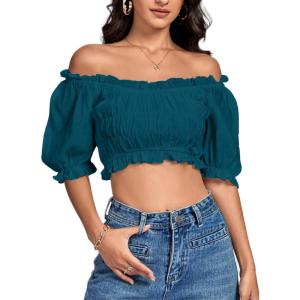imageLYANER Womens Off Shoulder Ruffle Trim Ruched Short Sleeve Blouse Crop TopTeal Blue
