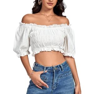 imageLYANER Womens Off Shoulder Ruffle Trim Ruched Short Sleeve Blouse Crop TopWhite