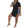 imageLYANER Womens Collar V Neck Button Down Slit Hem Short Sleeve Blouse Long Shirt TopBlack