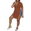 imageLYANER Womens Collar V Neck Button Down Slit Hem Short Sleeve Blouse Long Shirt TopBrown