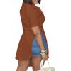 imageLYANER Womens Collar V Neck Button Down Slit Hem Short Sleeve Blouse Long Shirt TopBrown