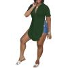 imageLYANER Womens Collar V Neck Button Down Slit Hem Short Sleeve Blouse Long Shirt TopDark Green