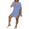 imageLYANER Womens Collar V Neck Button Down Slit Hem Short Sleeve Blouse Long Shirt TopLight Blue