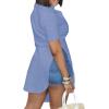 imageLYANER Womens Collar V Neck Button Down Slit Hem Short Sleeve Blouse Long Shirt TopLight Blue
