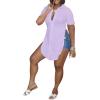 imageLYANER Womens Collar V Neck Button Down Slit Hem Short Sleeve Blouse Long Shirt TopLight Purple