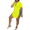 imageLYANER Womens Collar V Neck Button Down Slit Hem Short Sleeve Blouse Long Shirt TopNeon Yellow