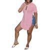 imageLYANER Womens Collar V Neck Button Down Slit Hem Short Sleeve Blouse Long Shirt TopPink